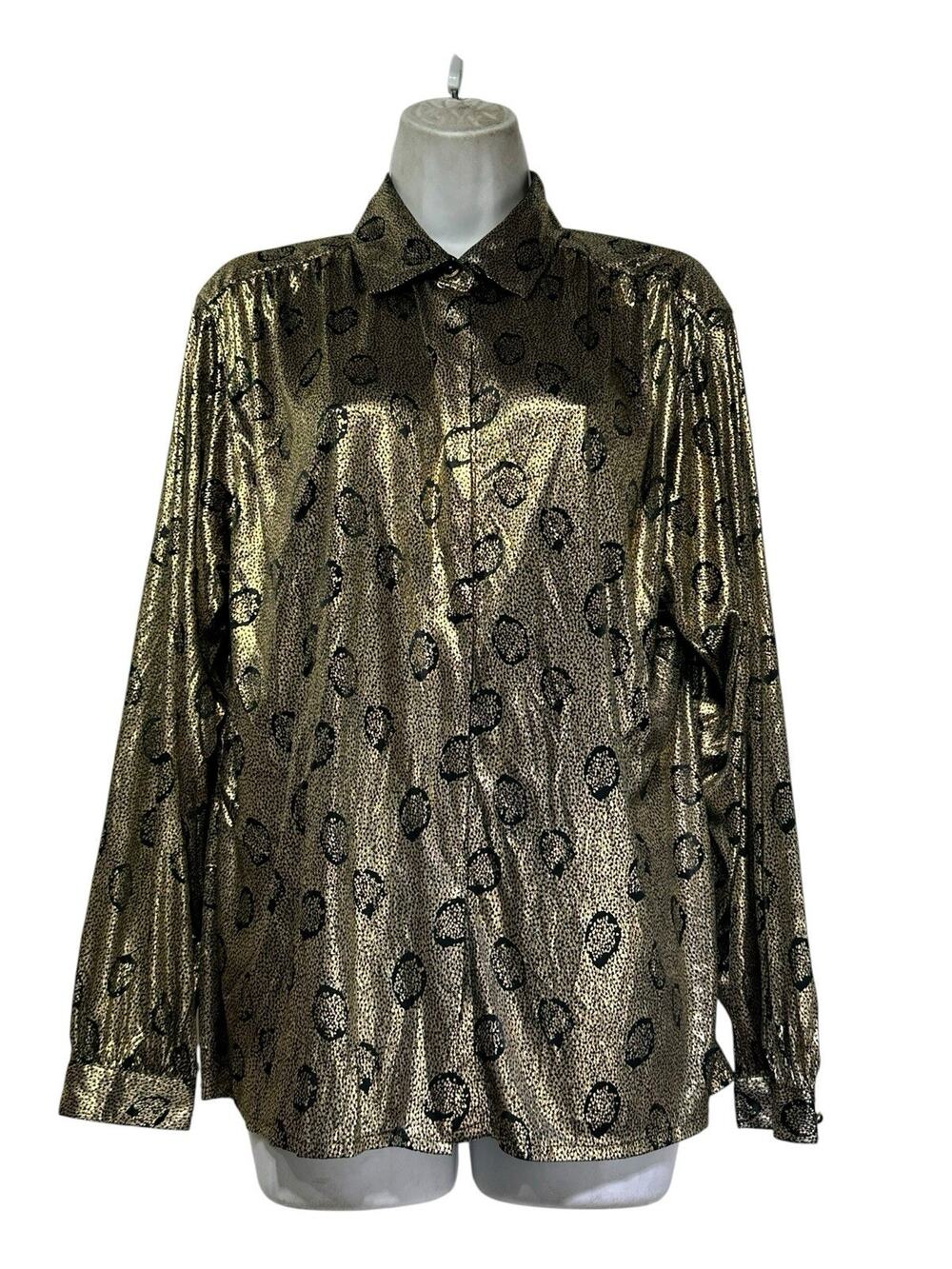 Vintage 1980's Neil Martin gold Black long sleeve button down blouse Size 14